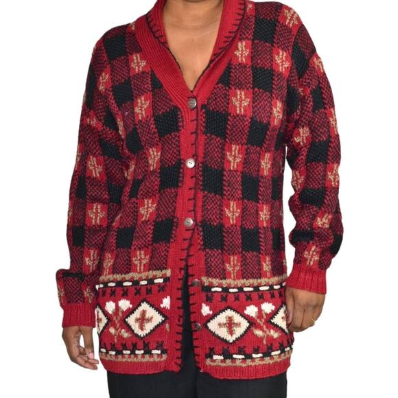 Vintage Northern Isles Cardigan Red Sweater Hand Knit Chunky Handknit Medium - Picture 1 of 13